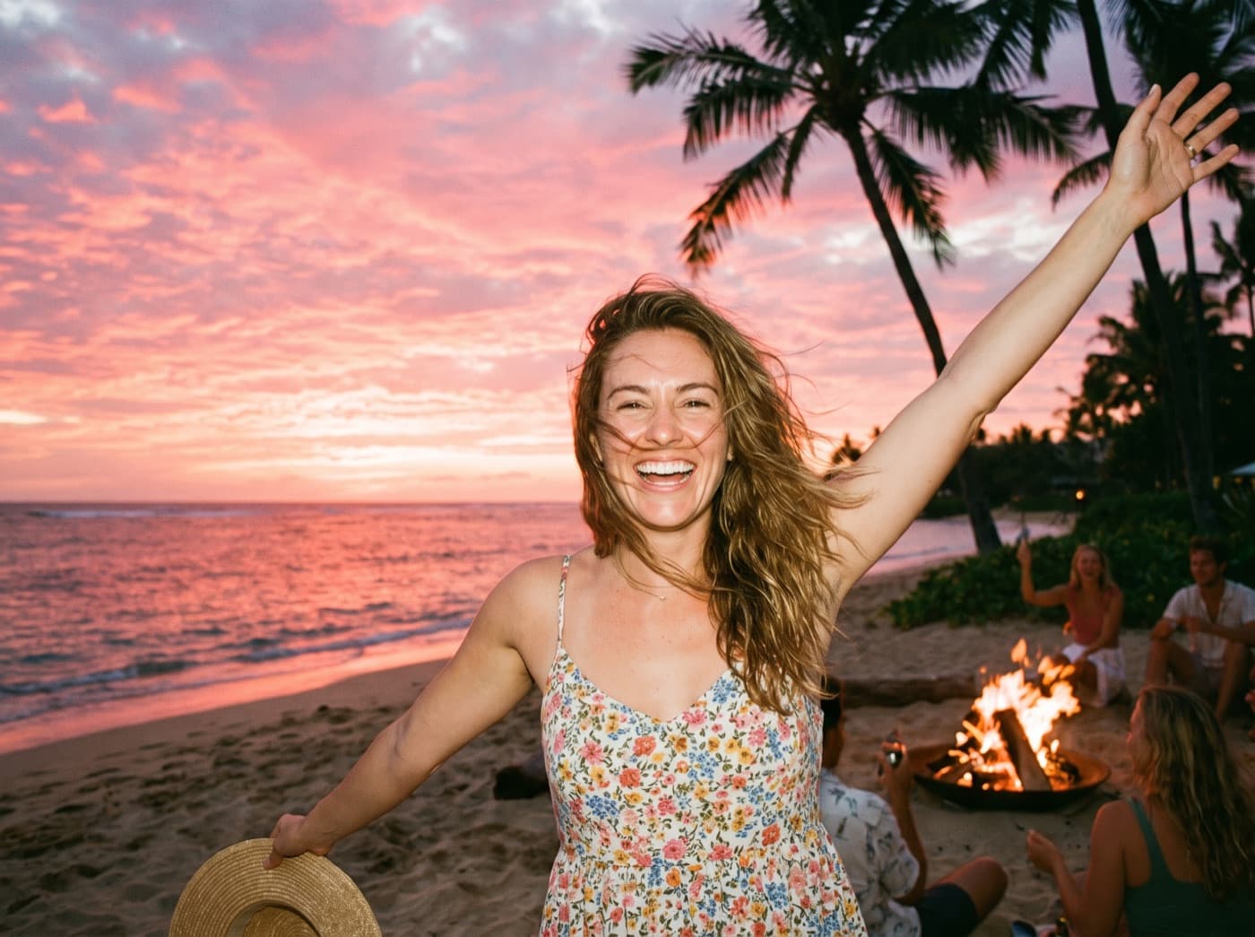 Creator celebrating on the beach at sunset